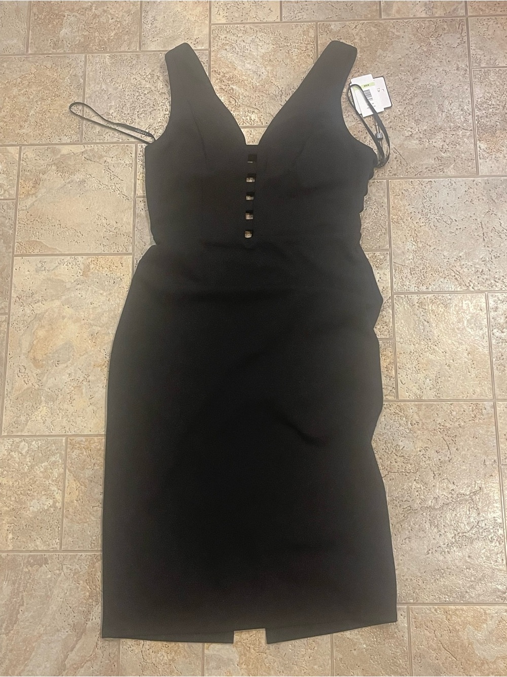 Laundry By Shelli Segal Black V-Neck Midi Bodycon Dress with Front Button Detail